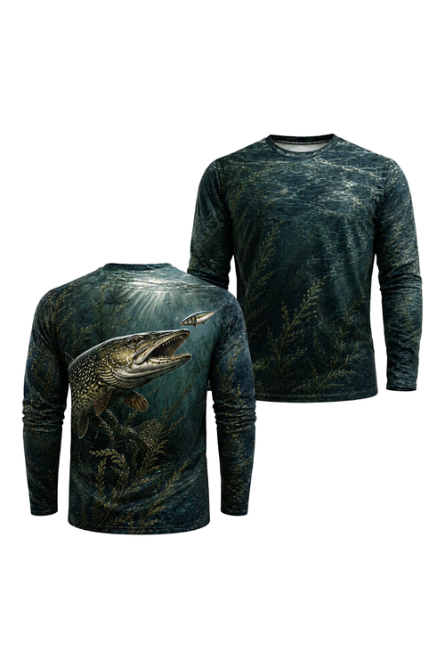 Performance Fishing Long Sleeve - Weedbed Ambush Pike - TBT191 two shirts front artwork