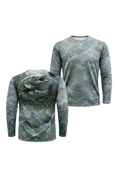 Performance Fishing Long Sleeve - Weedbed Strike Muskie - TBT199 two shirts front artwork