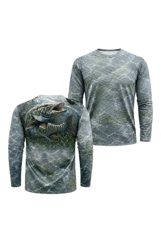 Performance Fishing Long Sleeve - Weedbed Strike Muskie - TBT199 two shirts front artwork
