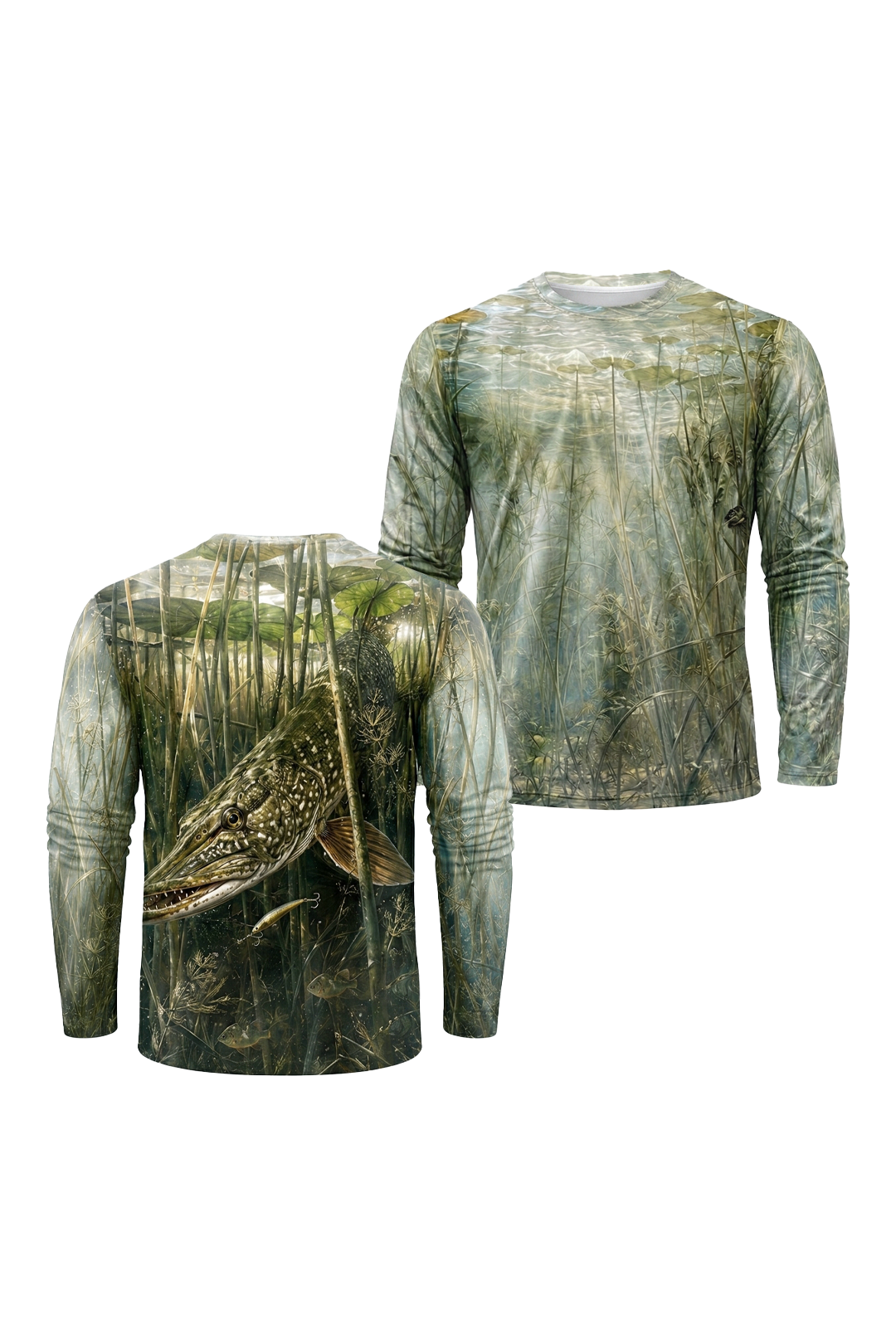 Performance Fishing Long Sleeve - Weedline Follow Pike - RNP05 two shirts front artwork