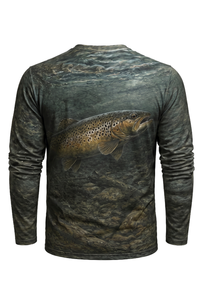 Performance Fishing Long Sleeve - Wild Brown Trout - AOF70 mockup artwork side