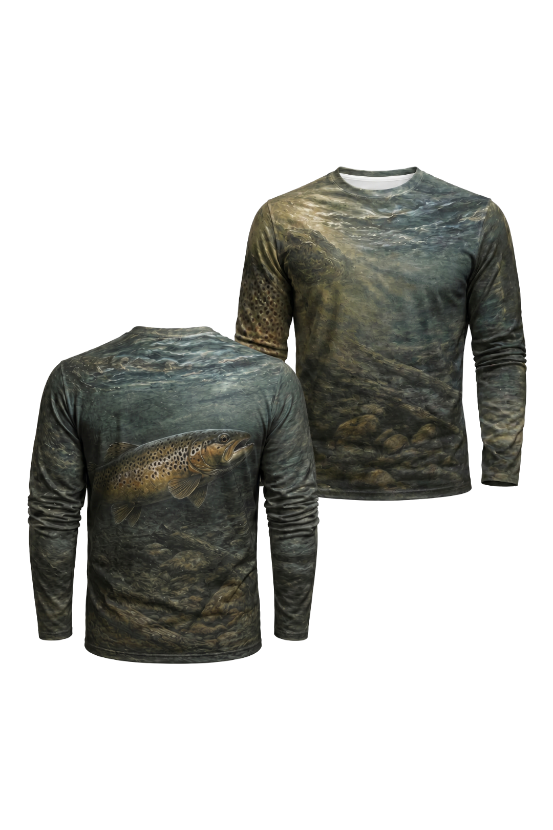 Performance Fishing Long Sleeve - Wild Brown Trout - AOF70 two shirts front artwork