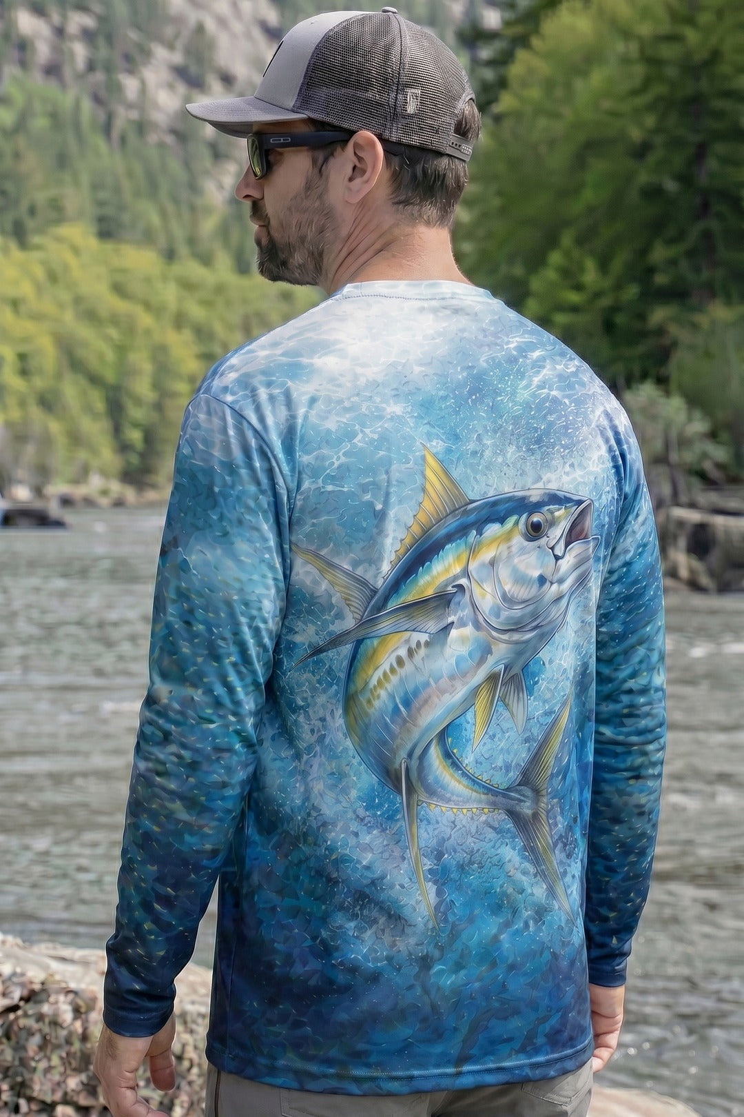 Performance Fishing Long Sleeve - Yellowfin Blue Run - AOF112 lifestyle artwork side