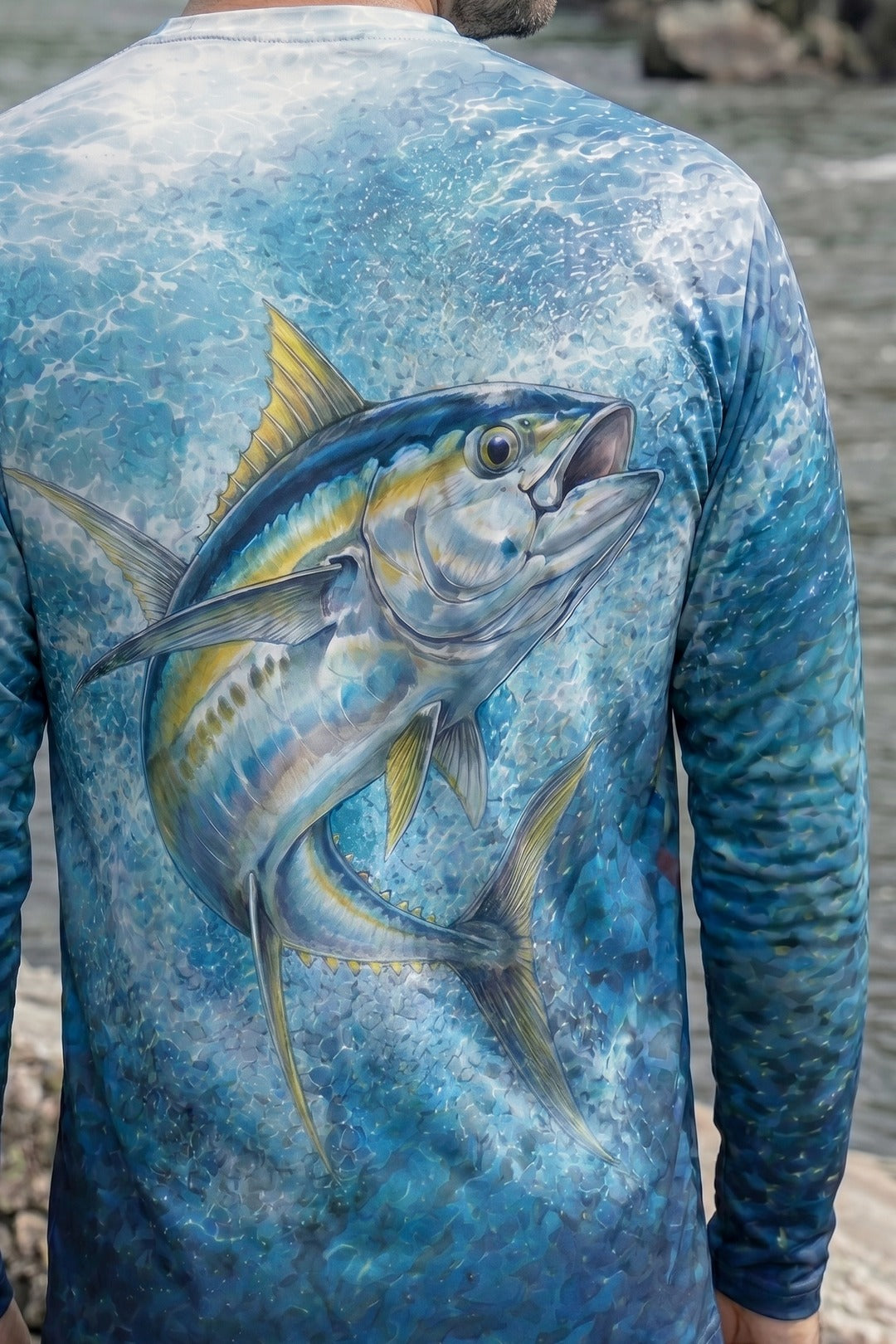 Performance Fishing Long Sleeve - Yellowfin Blue Run - AOF112 lifestyle artwork zoom