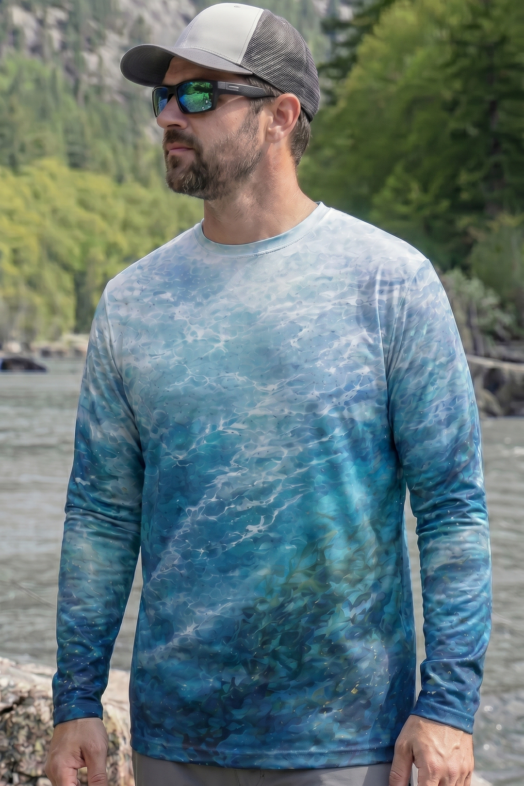 Performance Fishing Long Sleeve - Yellowfin Blue Run - AOF112 lifestyle opposite side