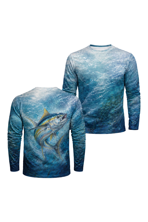 Performance Fishing Long Sleeve - Yellowfin Blue Run - AOF112 two shirts front artwork