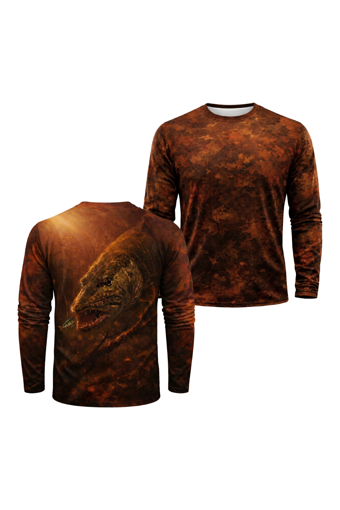 Performance Hunting Long Sleeve - Autumn Bottomland Pike - TBT138 two shirts front artwork