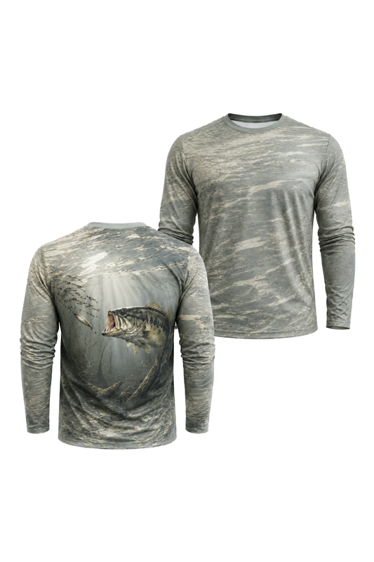 Performance Hunting Long Sleeve - Foggy River Bass - TBT139 two shirts front artwork