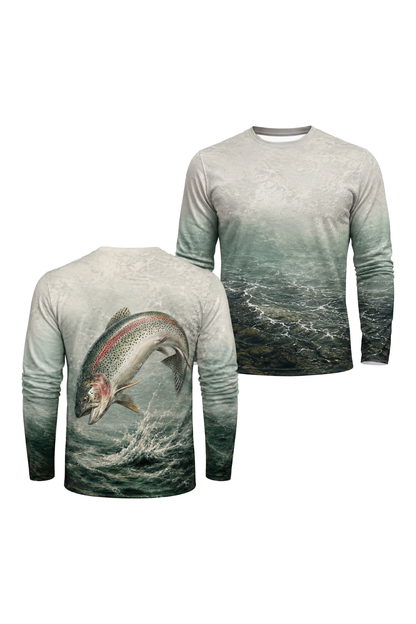 Performance Hunting Long Sleeve - Misty Rapids Trout - TBT145 two shirts front artwork