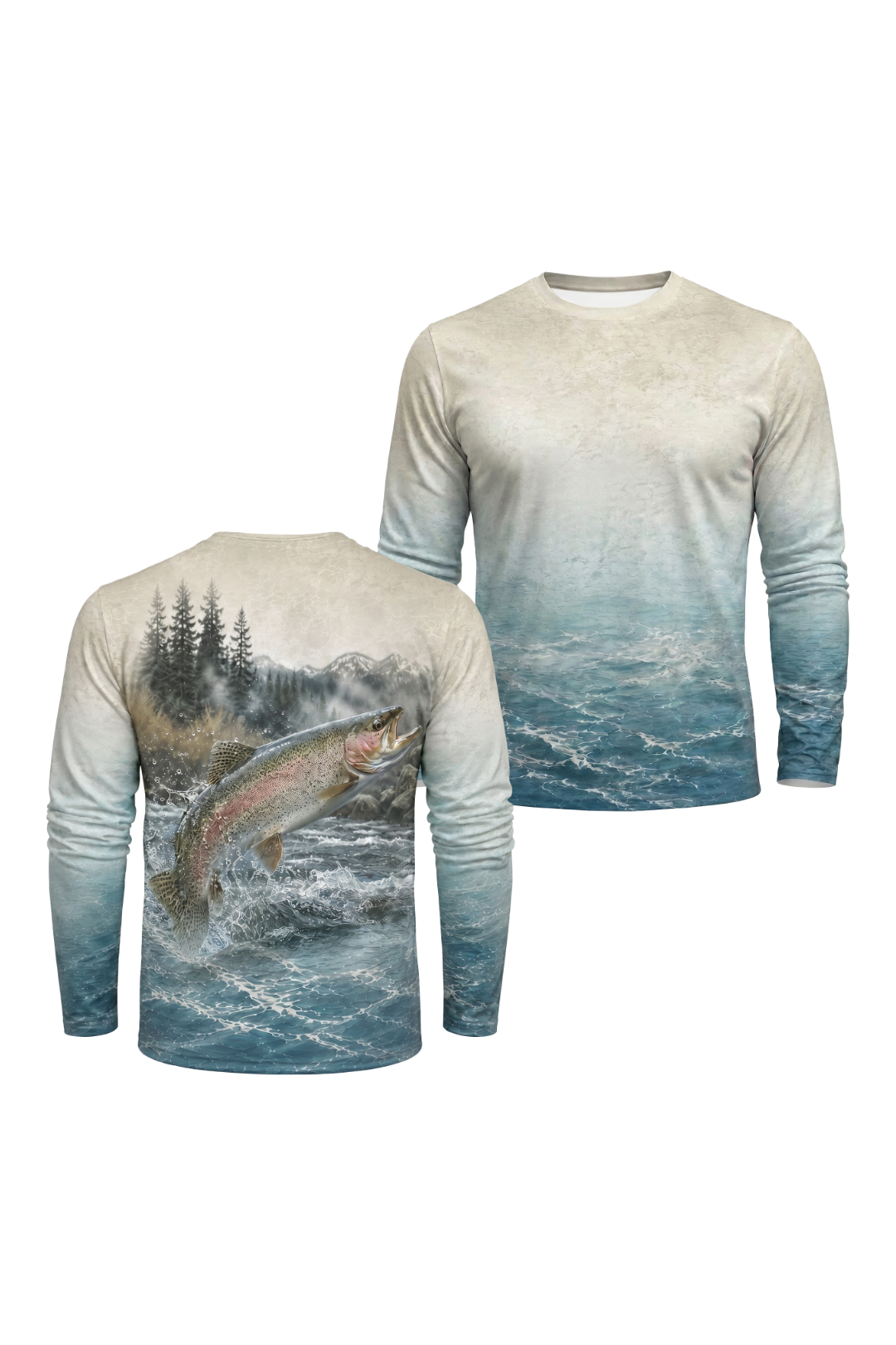 Performance Hunting Long Sleeve - Misty Rapids Trout - TBT146 two shirts front artwork
