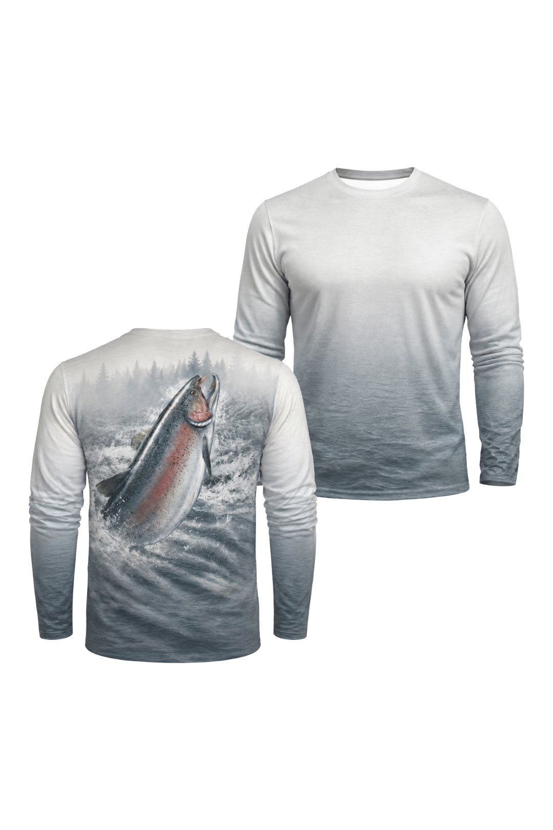 Performance Hunting Long Sleeve - Misty Rapids Trout - TBT148 two shirts front artwork