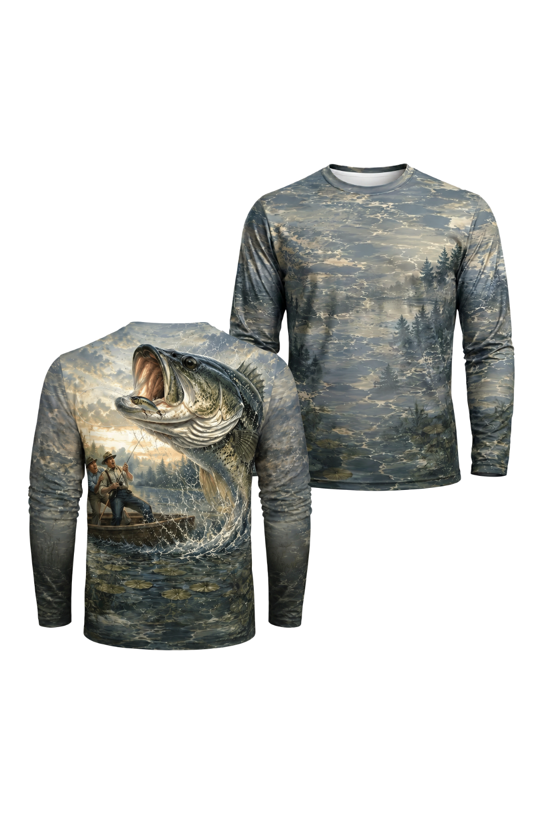 Performance Hunting Long Sleeve - Panic Marsh Bass - TBT152 two shirts front artwork