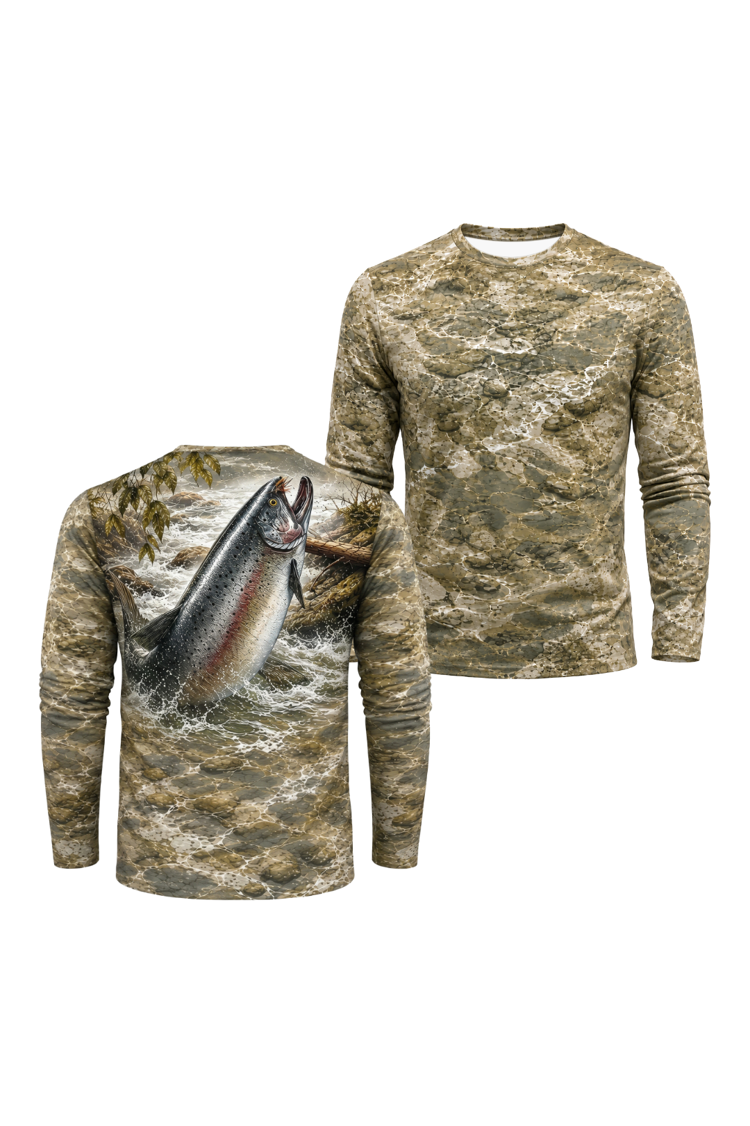 Performance Hunting Long Sleeve - Rapids Splash Trout - TBT143 two shirts front artwork