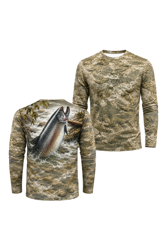 Performance Hunting Long Sleeve - Rapids Splash Trout - TBT143 two shirts front artwork