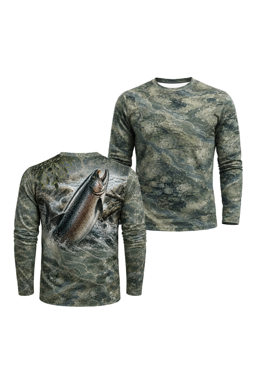Performance Hunting Long Sleeve - Rapids Stream Trout - TBT144 two shirts front artwork