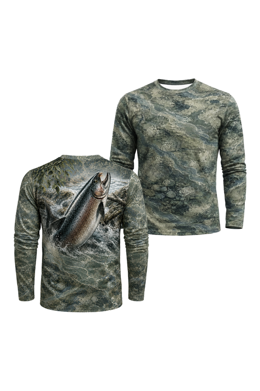 Performance Hunting Long Sleeve - Rapids Stream Trout - TBT144 two shirts front artwork