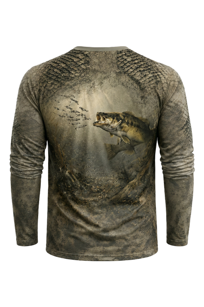 Performance Hunting Long Sleeve - River Scale Bass - TBT140 mockup artwork side