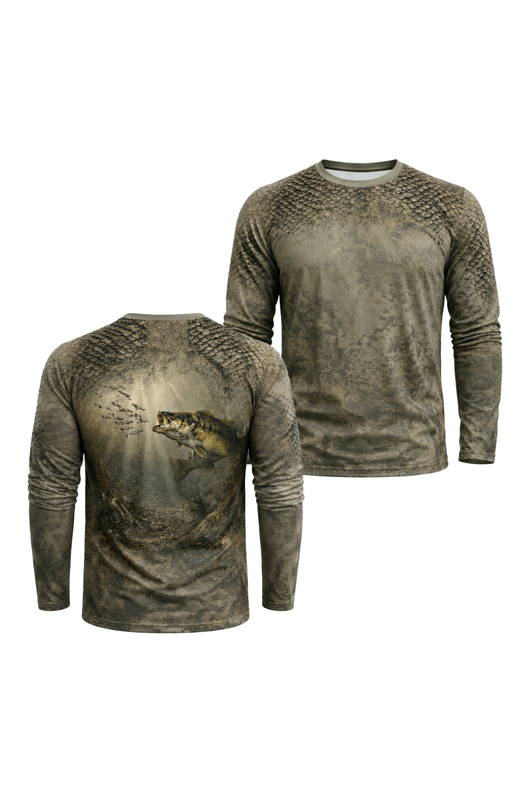 Performance Hunting Long Sleeve - River Scale Bass - TBT140 two shirts front artwork