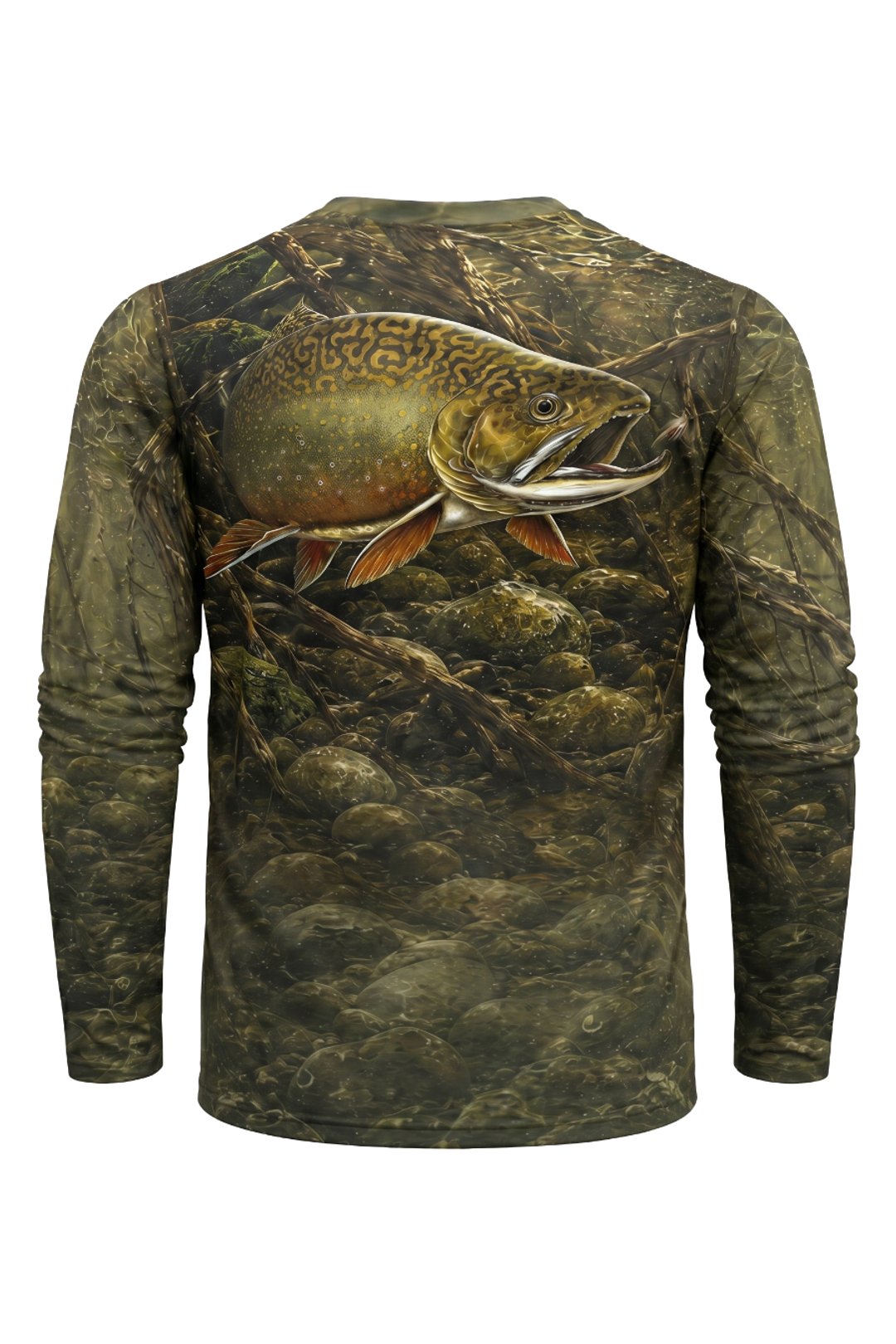 Performance Hunting Long Sleeve - Sunken Riverbed Trout - TBT147 mockup artwork side