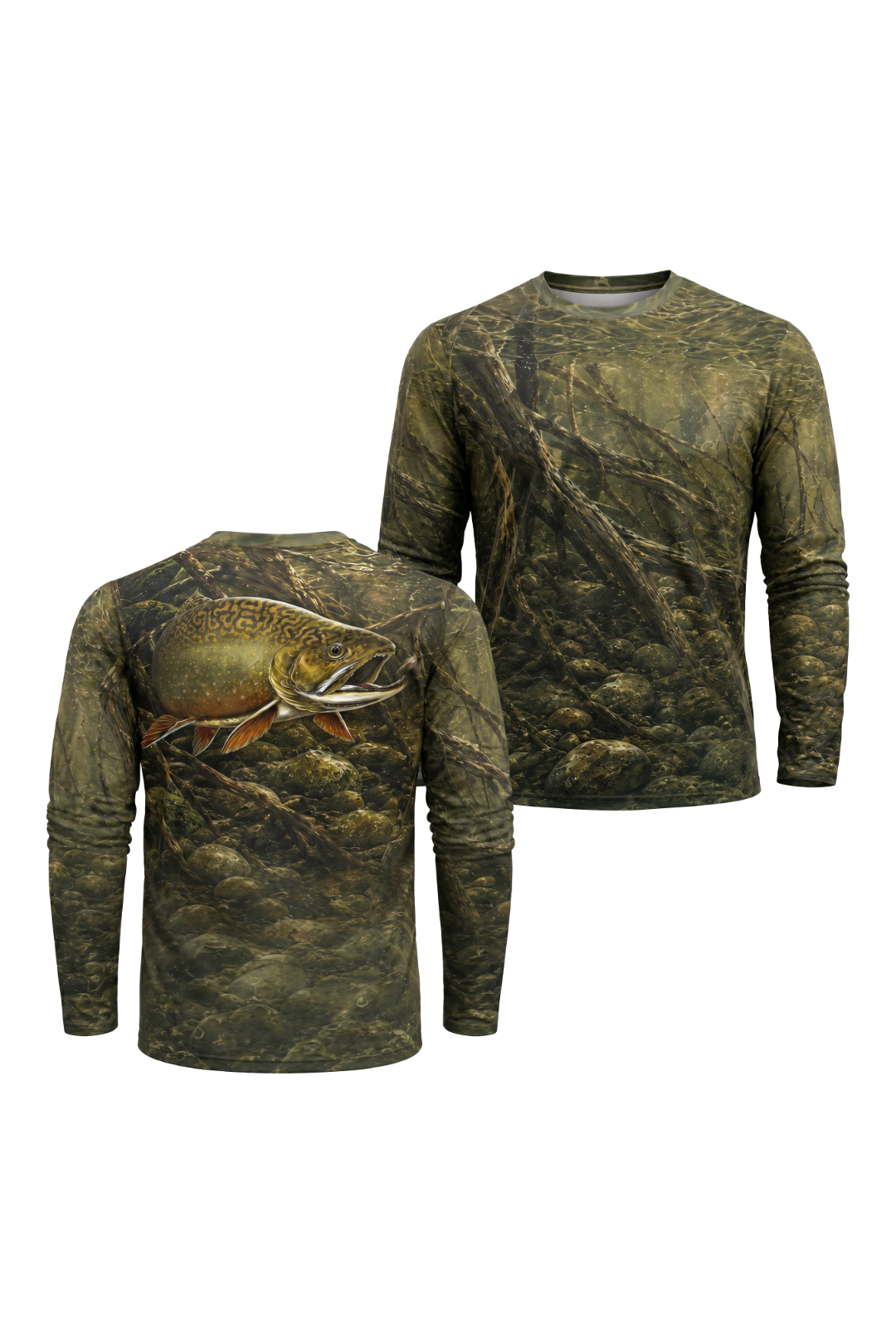 Performance Hunting Long Sleeve - Sunken Riverbed Trout - TBT147 two shirts front artwork