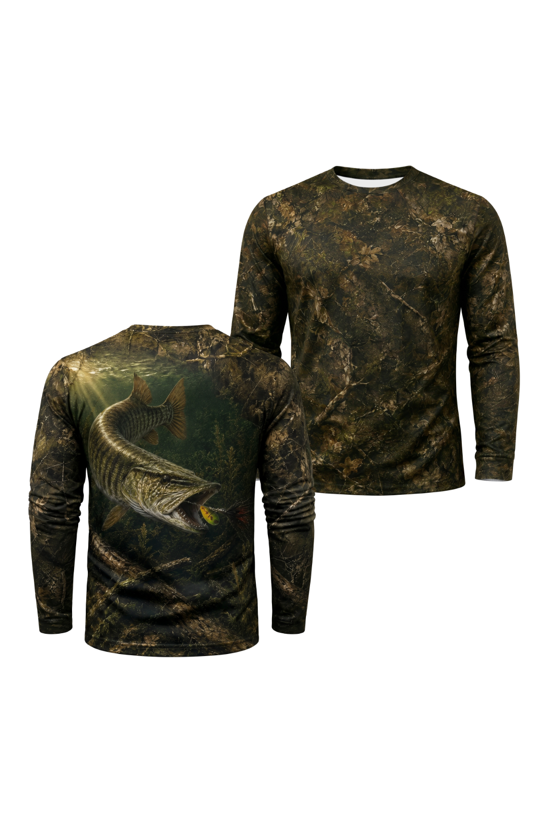 Performance Hunting Long Sleeve - Sunken Timber Musky - TBT142 two shirts front artwork