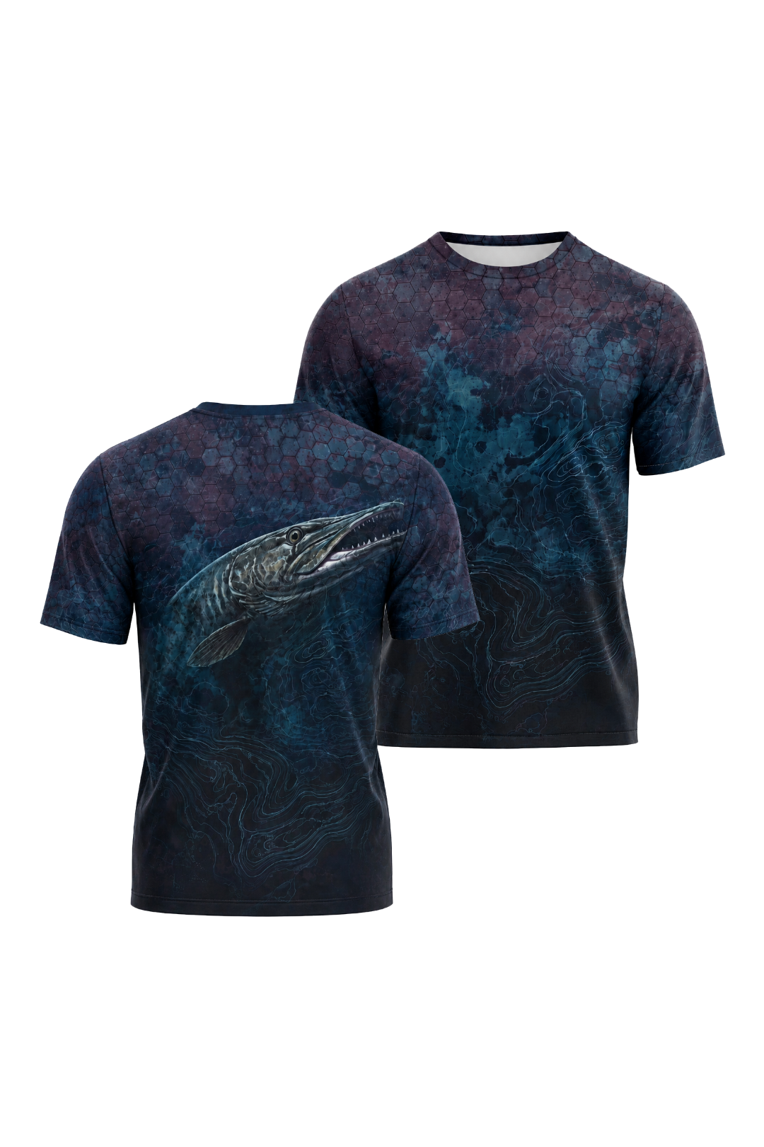 Pro Fishing Short Sleeve - Midnight Depth Muskie - AOF42 two shirts front artwork
