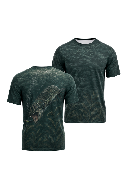 Pro Fishing Short Sleeve - Muskie Darkwater Ambush - AOS13 two shirts front artwork