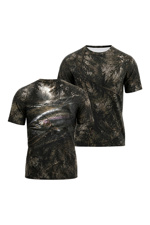 Pro Fishing Short Sleeve - River Trout Timber - AUX159 two shirts front artwork