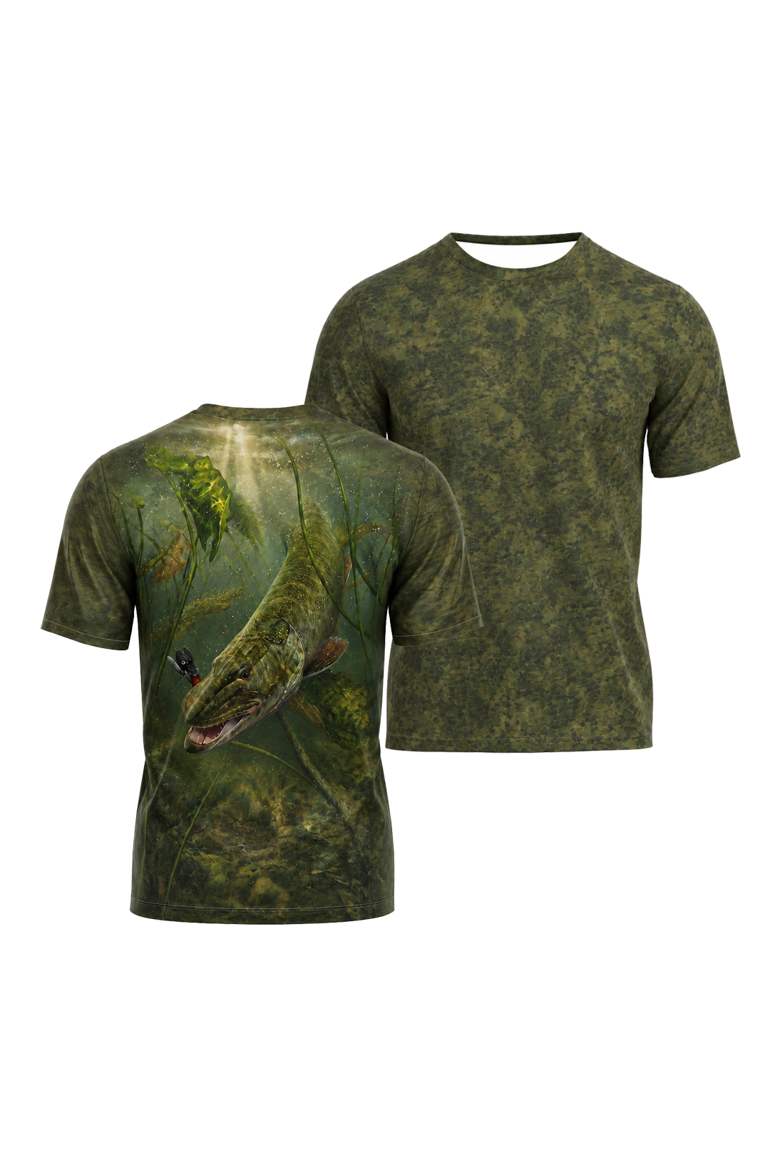 Pro Fishing Short Sleeve - Shallow Ambush Muskie - AOS07 two shirts front artwork