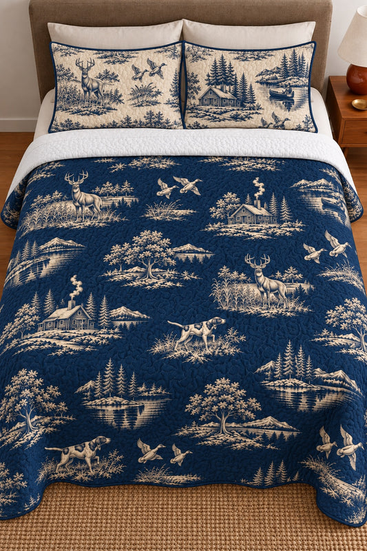 Navy Sporting Toile Whitetail Quilt Set