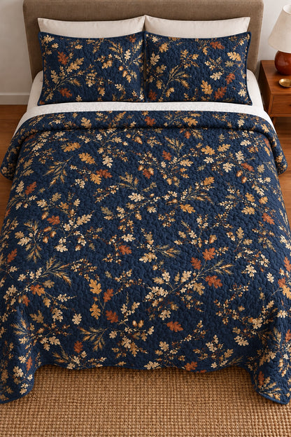 Navy Oak Leaf Abstract Quilt Set