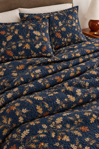 Navy Oak Leaf Abstract Quilt Set