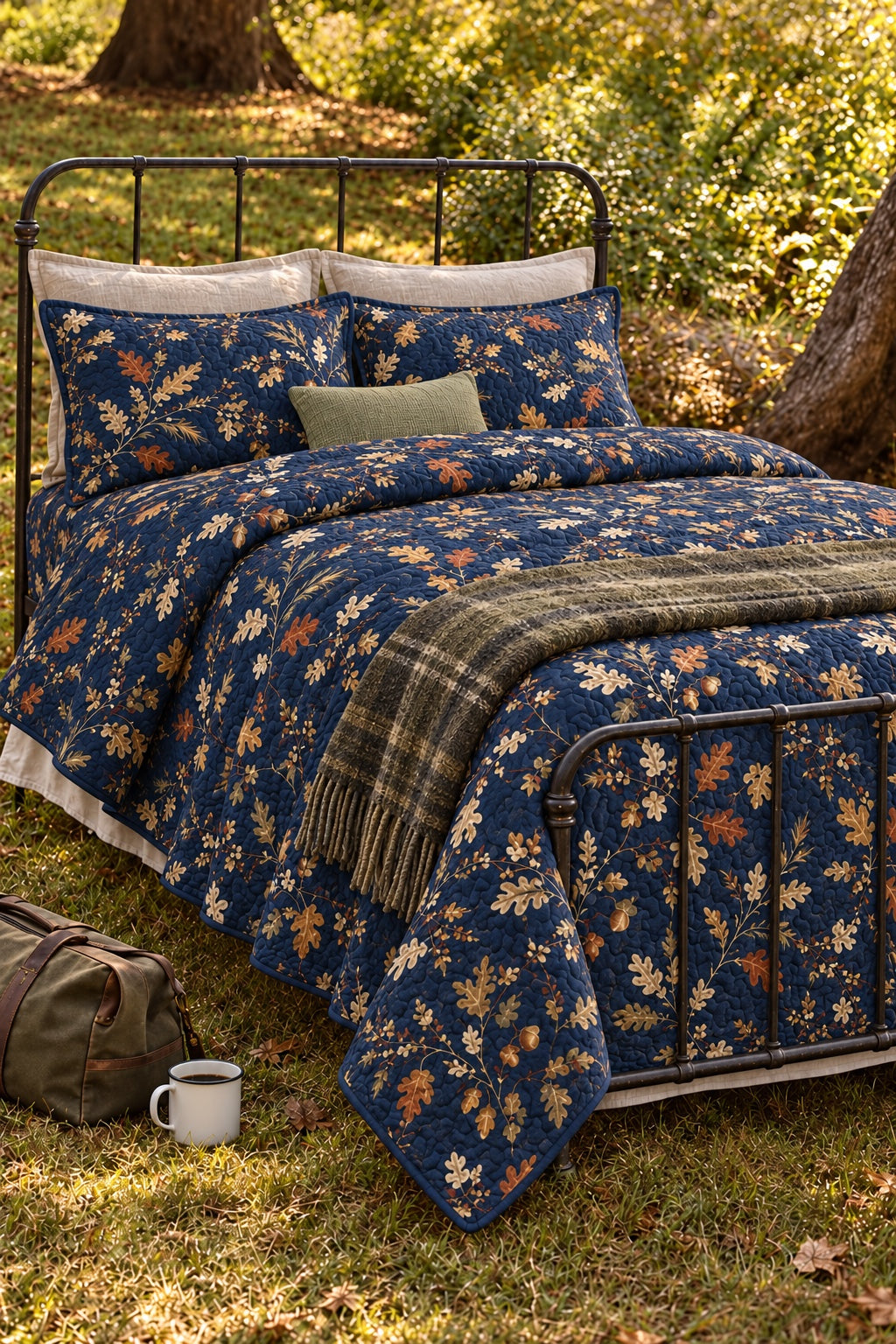 Navy Oak Leaf Abstract Quilt Set