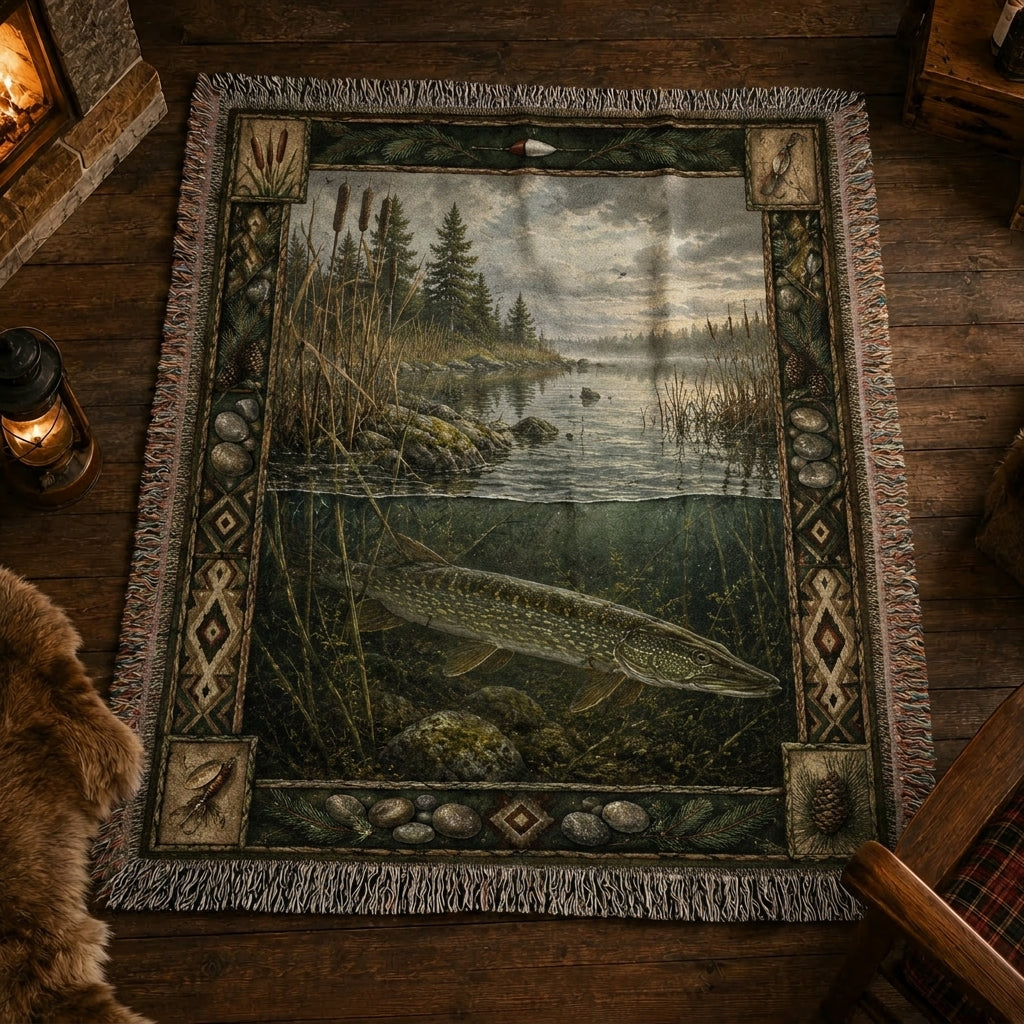 Reed Bed Pike Woven Lodge Throw Blanket two shirts front artwork