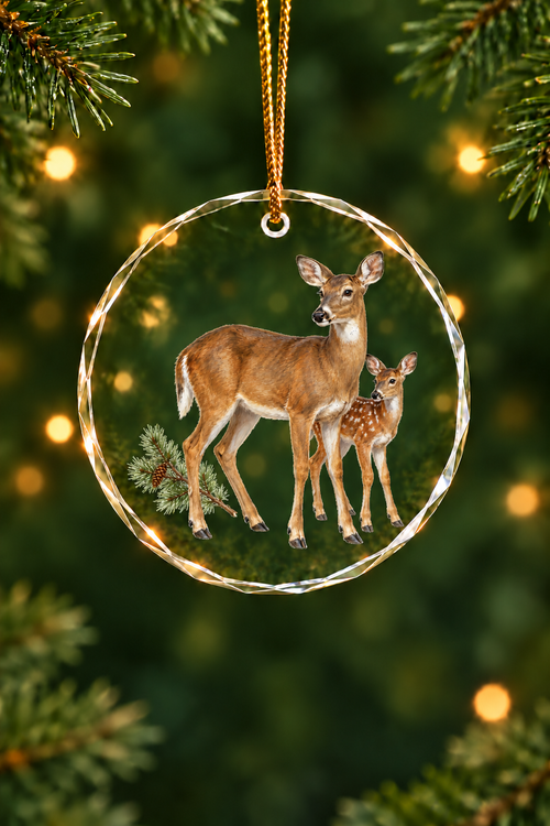 Pine Shelter Whitetail Doe & Fawn - Glass Ornament image 1