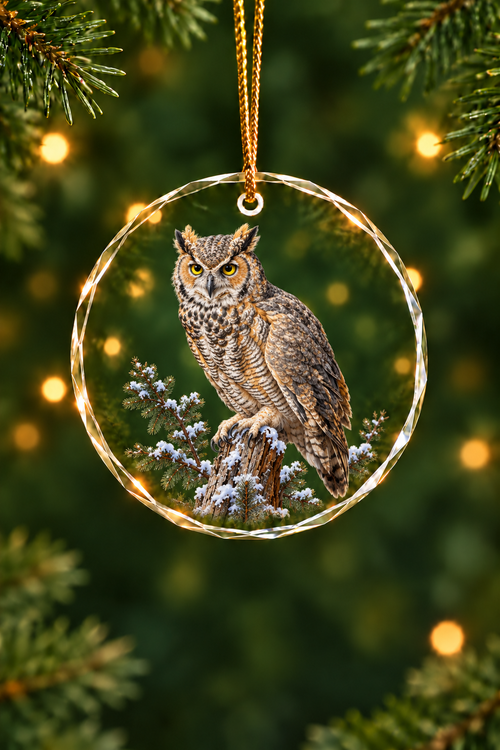 Moonlit Great Horned Owl - Glass Ornament image 1