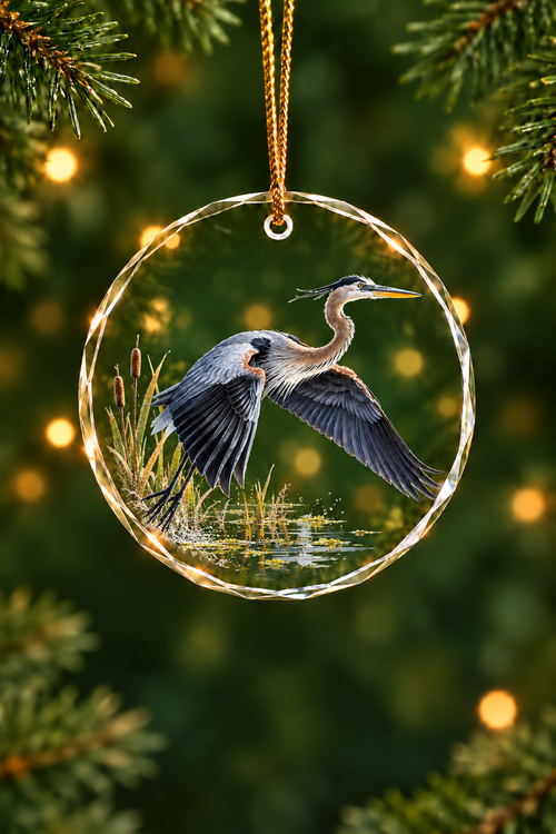 Cattail Rise Great Blue Heron - Glass Ornament image 1