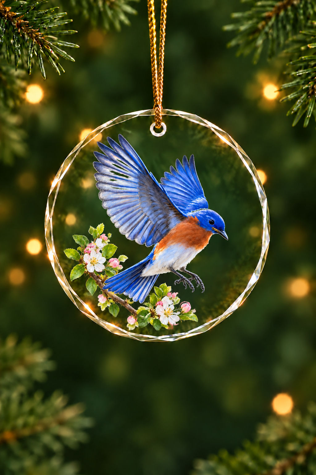 Apple Blossom Bluebird - Glass Ornament image 1