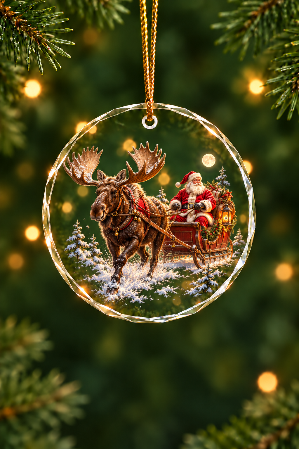 Santa's Moose Sleigh - Glass Ornament image 1