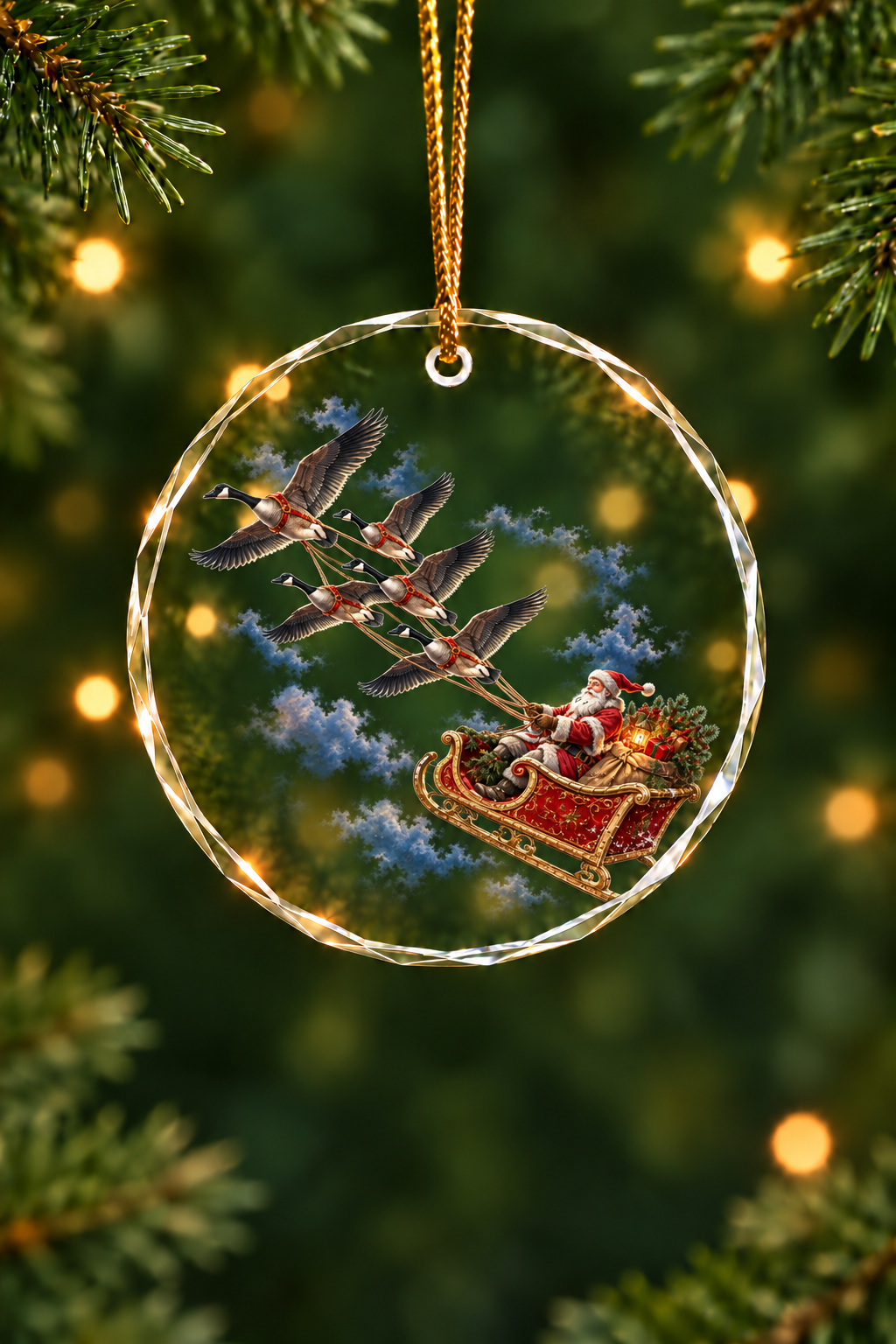 Santa's Goose Sleigh - Glass Ornament image 1