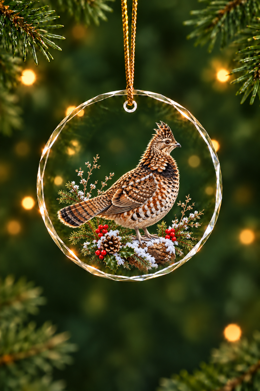 Holly Log Ruffed Grouse - Glass Ornament image 1