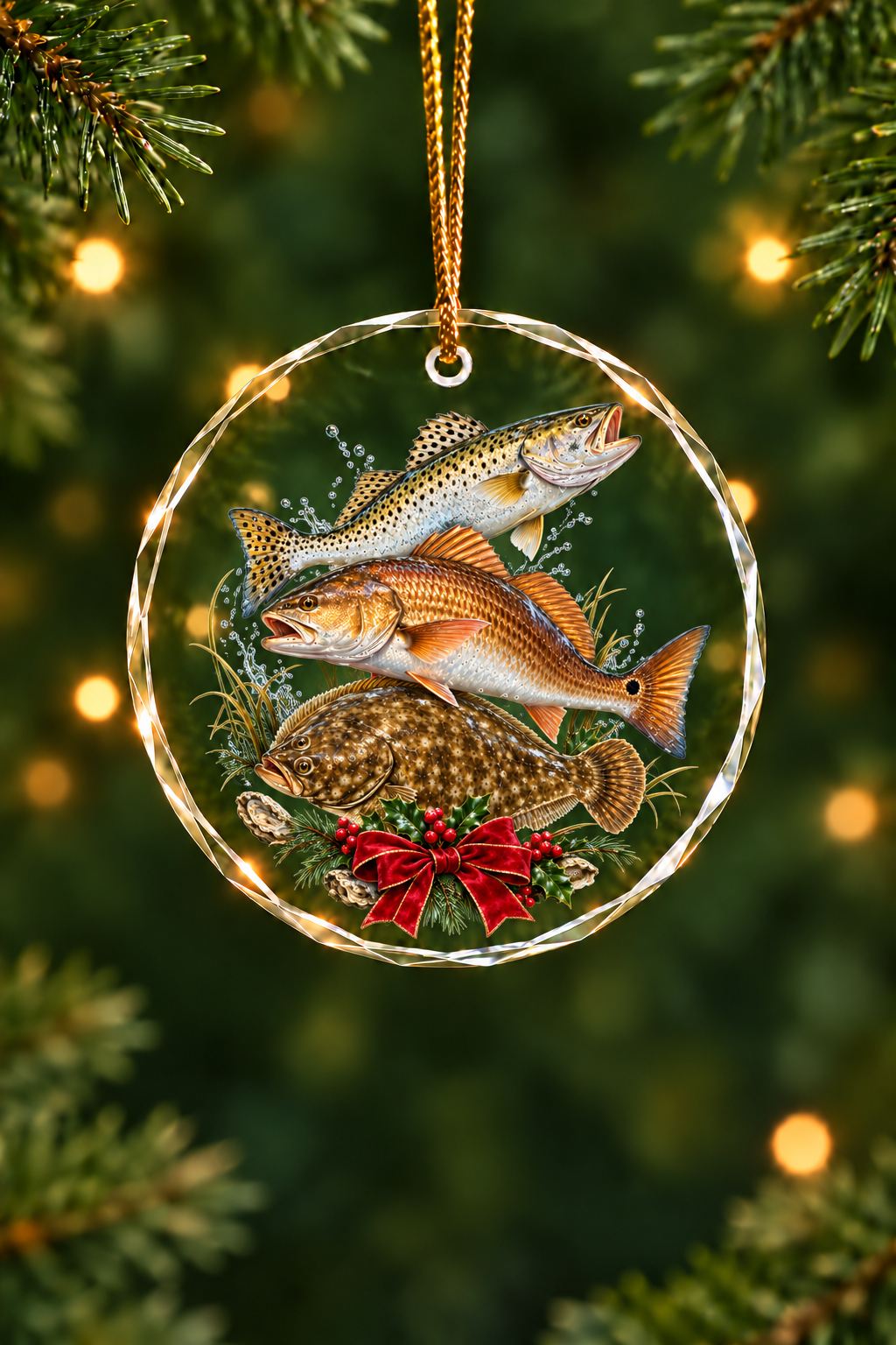 Holly Bow Inshore Grand Slam Redfish - Glass Ornament image 1