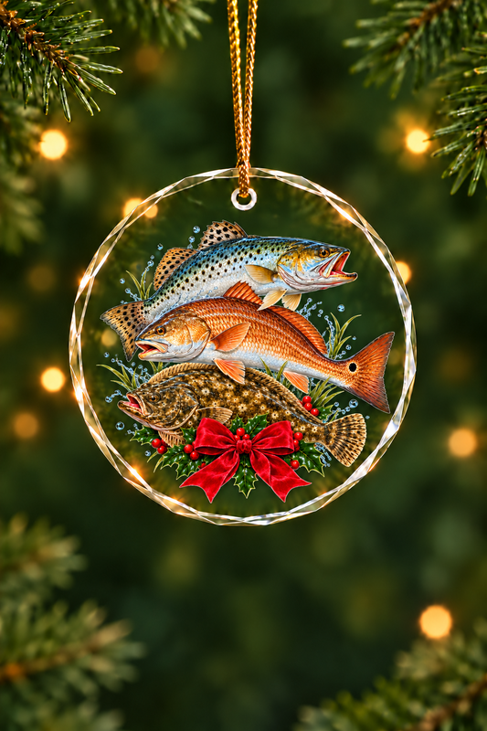 Christmas Wreath Flounder Redfish Slam - Glass Ornament image 1