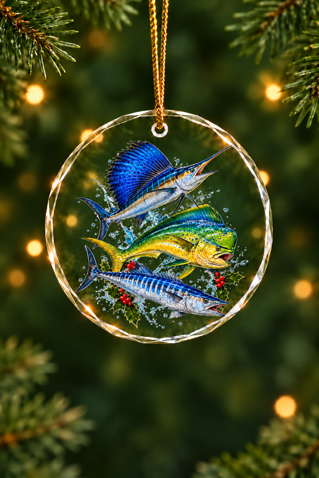 Snowfall Sailfish Wahoo Mahi Slam - Glass Ornament image 1