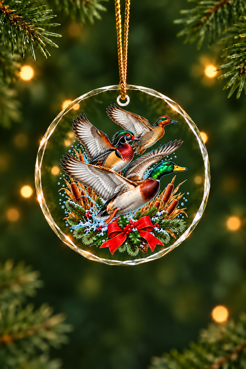 Cattail Bow Mallard Wood Duck Slam - Glass Ornament image 1