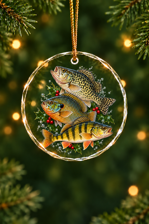 Holly Wreath Bluegill Crappie Perch Slam - Glass Ornament image 1