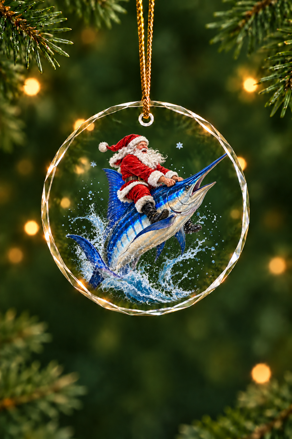 Santa Blue Marlin Rodeo - Glass Ornament image 1