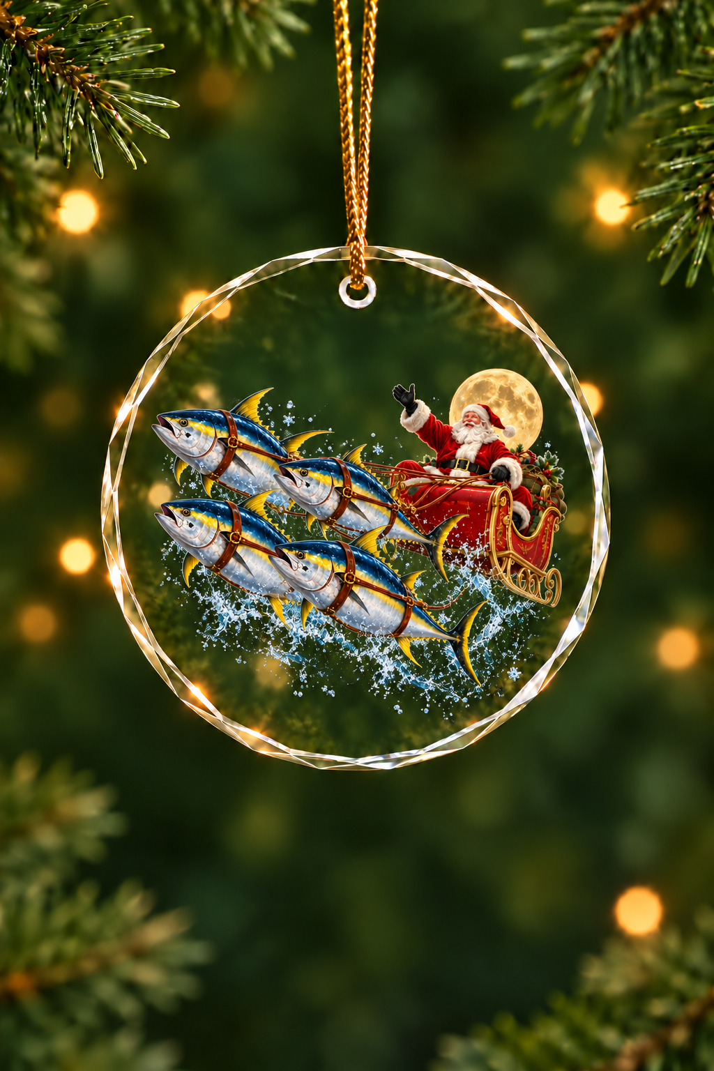 Santa Yellowfin Tuna Sleigh - Glass Ornament image 1