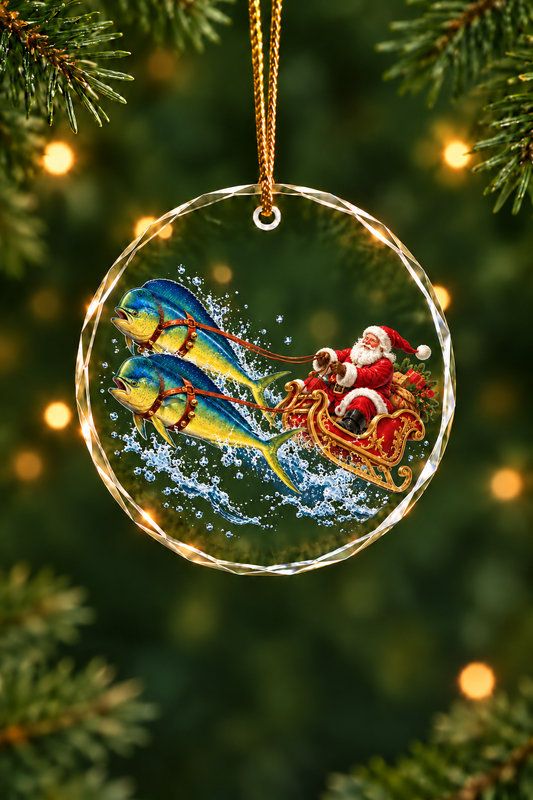 Santa Mahi Sleigh Night - Glass Ornament image 1
