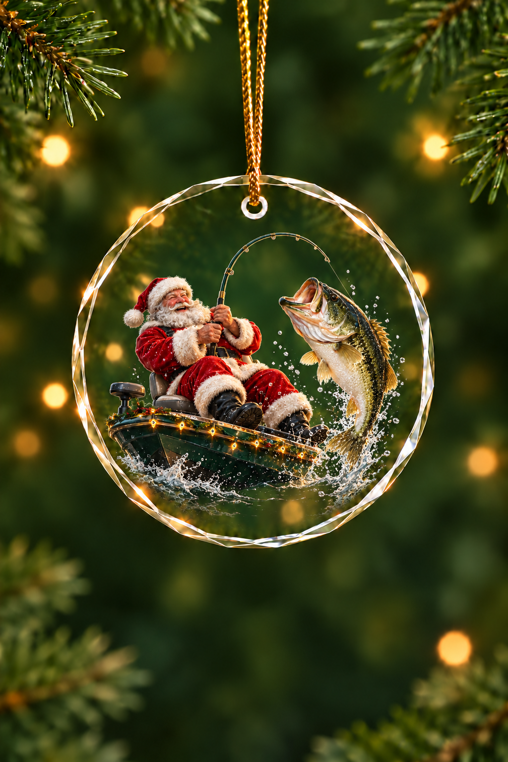 Santa Bass Boat Hookset - Glass Ornament image 1